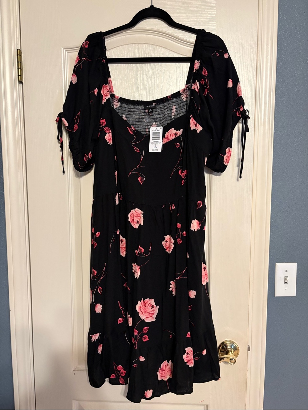 torrid Black Midi Dress with Pink Rose Print and Puff Sleeves